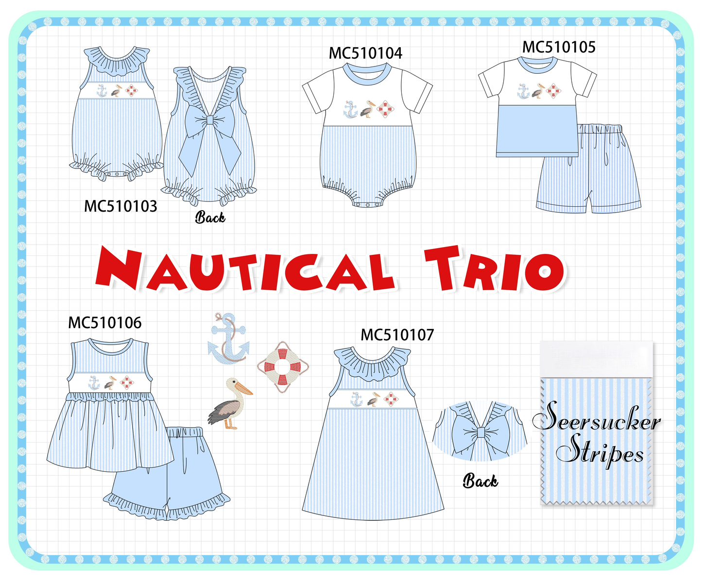 PO23 Blue Nautical Trio Embroidery Stripe Collection ETA March