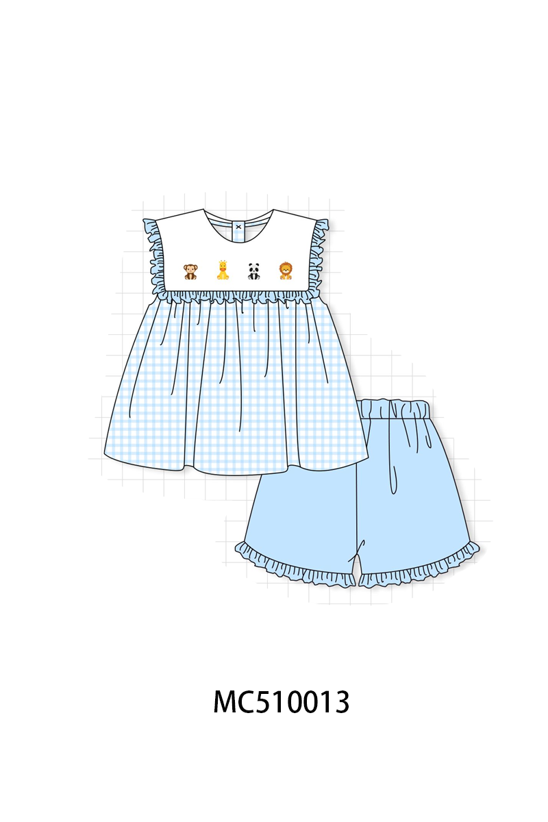 PO23 Blue Zoo Animal Embroidery Gingham Collection ETA March
