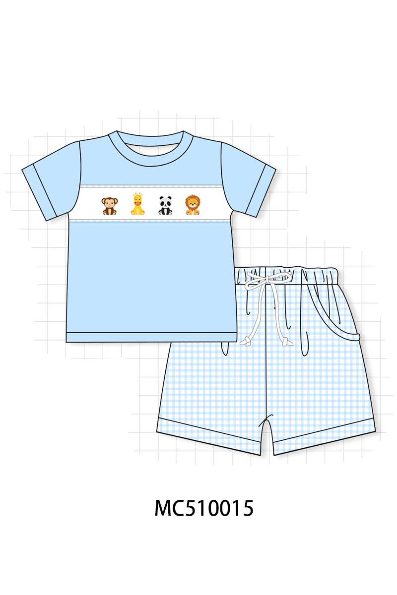 PO23 Blue Zoo Animal Embroidery Gingham Collection ETA March