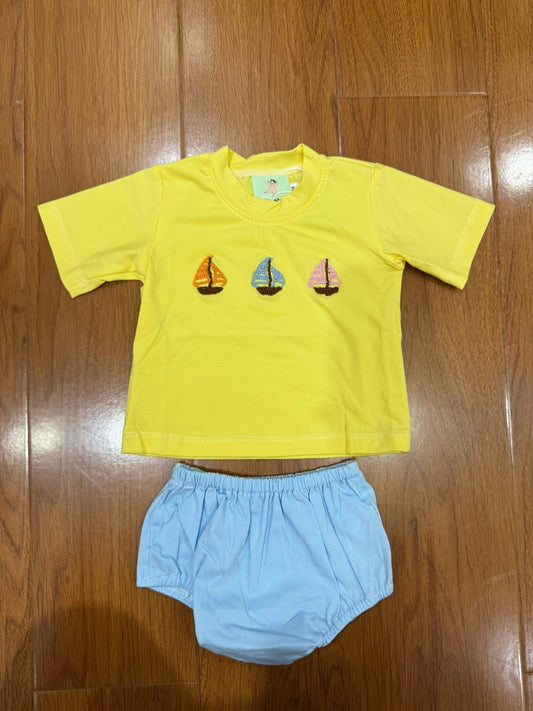 RTS Hand French Knot Sailboat Diaper Cover Set