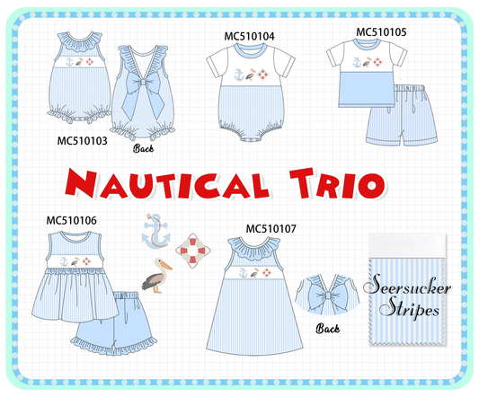 PO23 Blue Nautical Trio Embroidery Stripe Collection ETA March